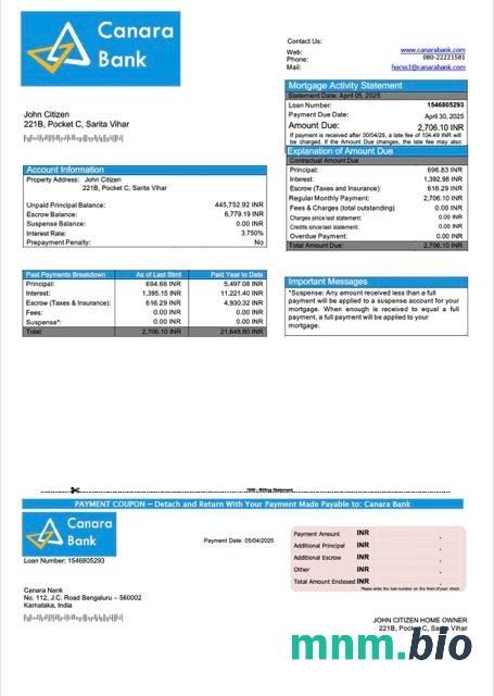 Indie Bank Canara wyciąg z kredytu hipotecznego szablon Word i PDF